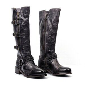 Bed Stu Women Skyla Black Leather Buckle Zip Strap Moto Tall Boots sz 7.5